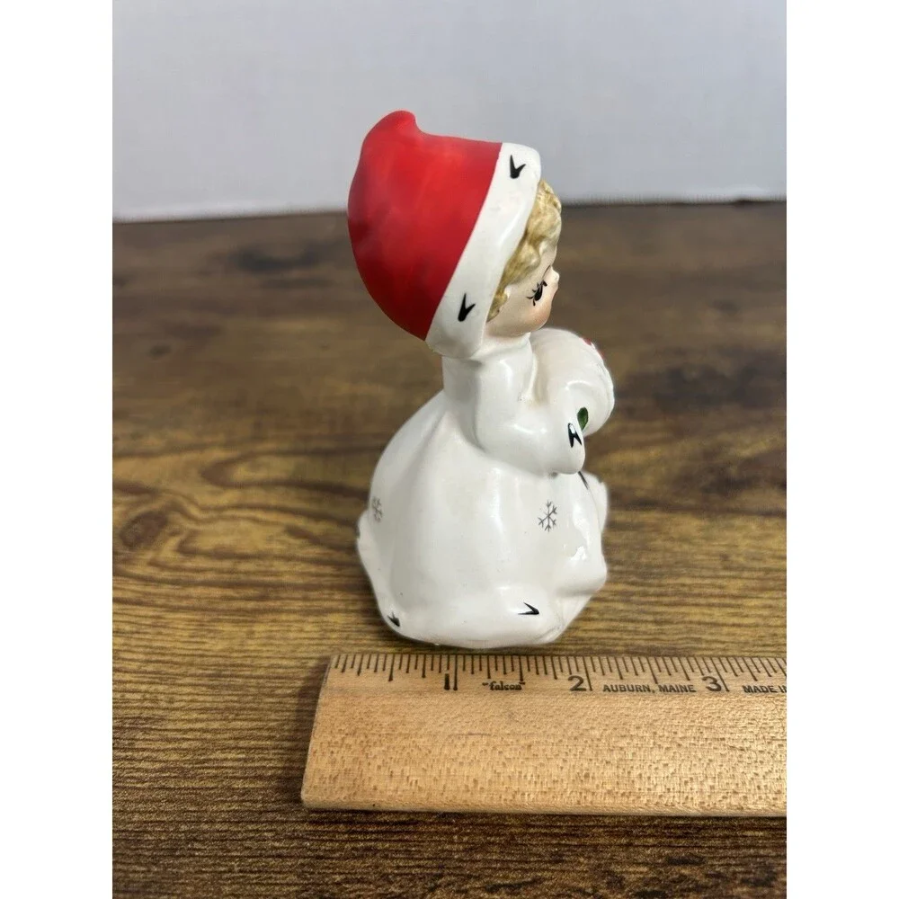 Vintage Napco Christmas Girl Bell Figurine White Coat Holly Japan 4” Tall Decor